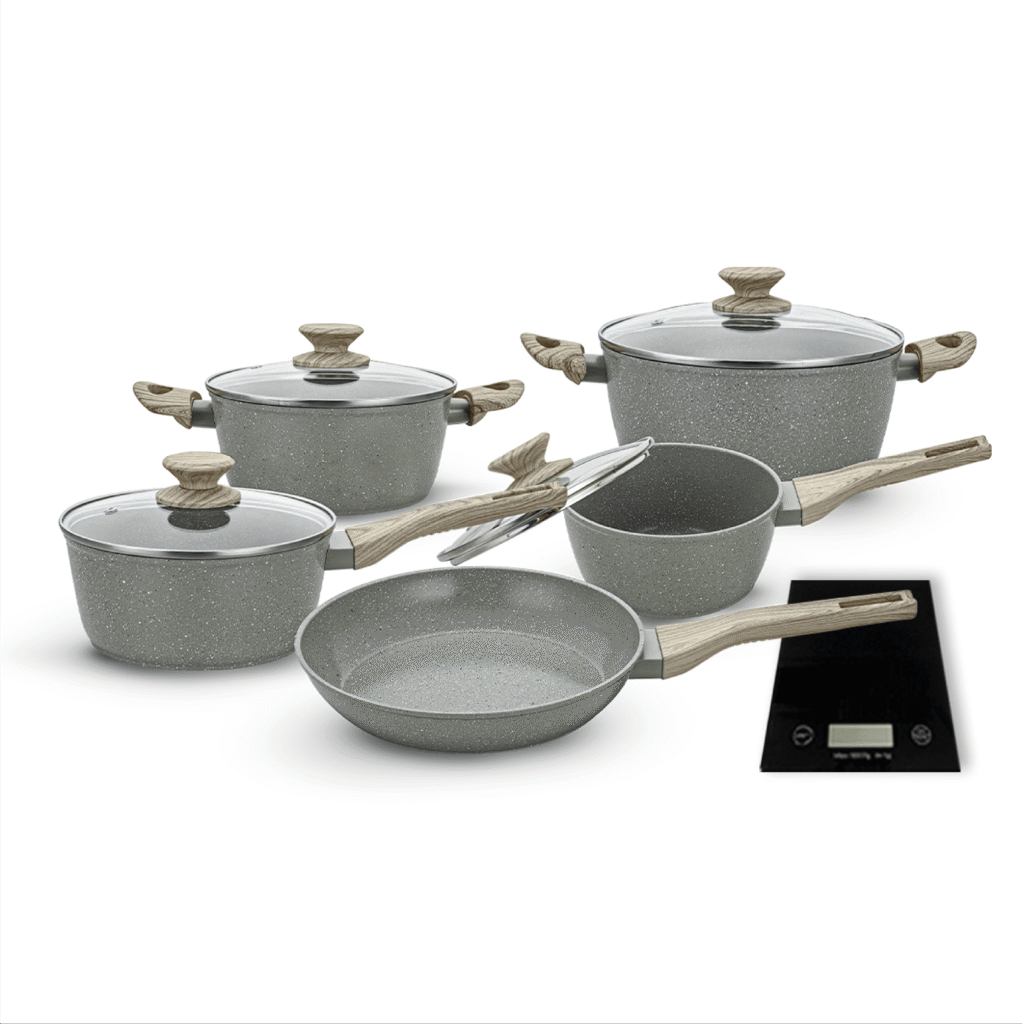 CONJUNTO DE PANELAS 5 PEÇAS COM REVESTIMENTO CERÂMICO + BALANÇA DIGITAL - CAPPUCCINO (1)