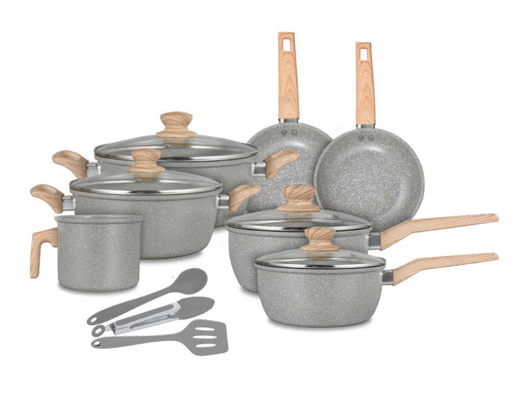 JOGO DE PANELAS COM REVESTIMENTO CERÂMICO ANTIADERENTE E ACESSÓRIOS EM SILICONE 10 PEÇAS MARBLE LIFE DARK GREY GRAY - NEUHAUS (1)
