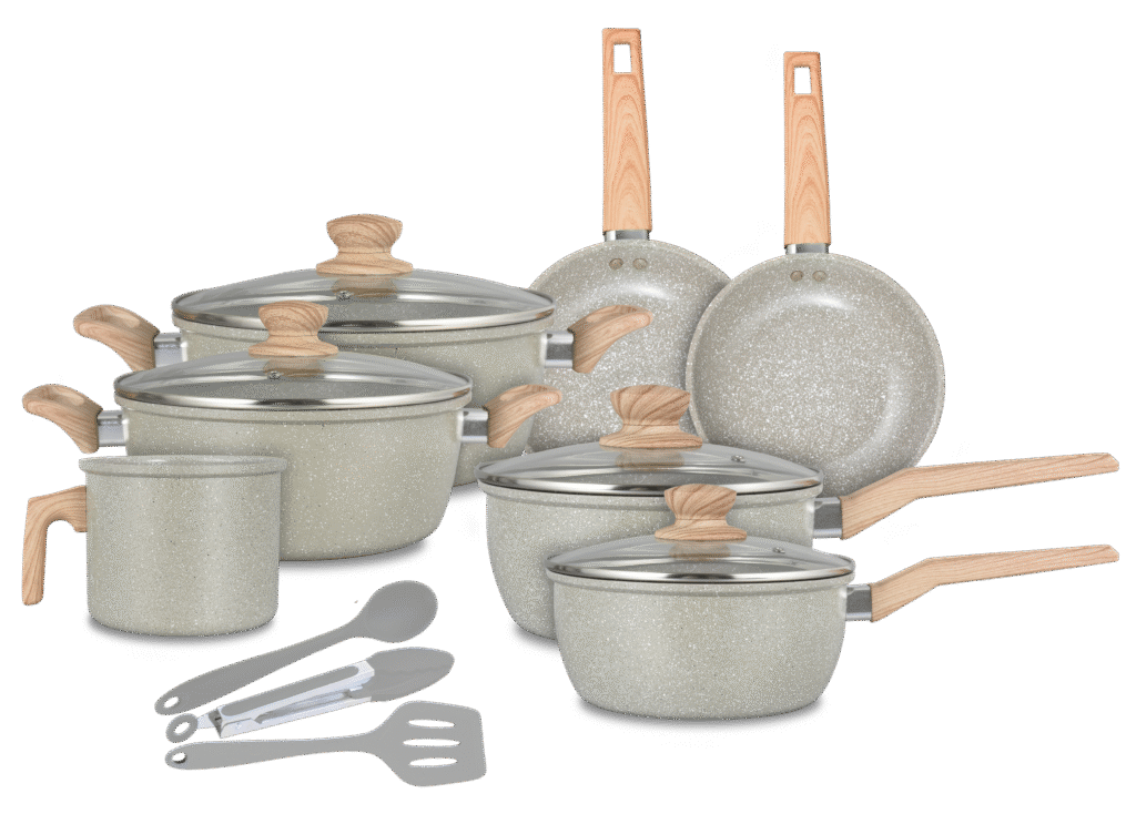 JOGO DE PANELAS COM REVESTIMENTO CERÂMICO ANTIADERENTE E ACESSÓRIOS EM SILICONE 10 PEÇAS MARBLE LIFE LIGHT GRAY - NEUHAUS (1)