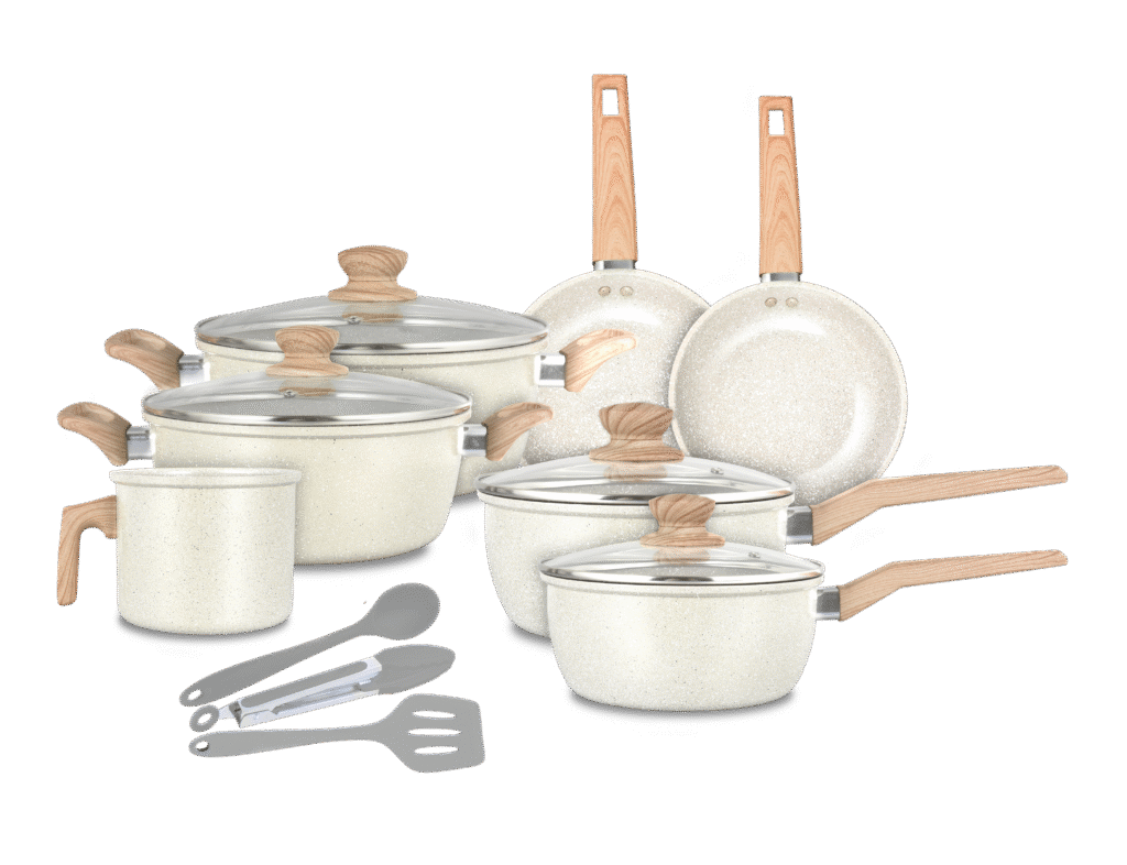 JOGO DE PANELAS COM REVESTIMENTO CERÂMICO ANTIADERENTE E ACESSÓRIOS EM SILICONE 10 PEÇAS MARBLE LIFE VANILLA - NEUHAUS (1)